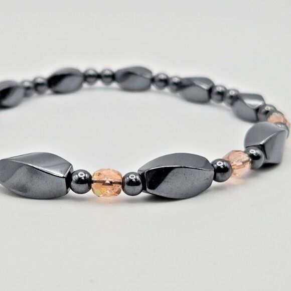 Hematite Beaded‎ Handmade Stretch Bracelet with Pink Glass Bead Accents - Picture 2 of 4